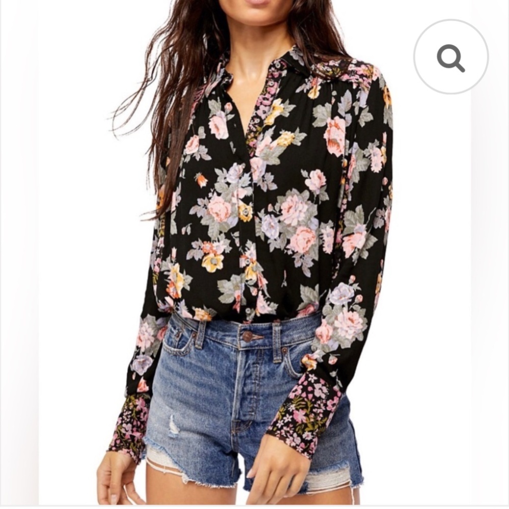Free People Hold On To Me Floral Print Blouse in Black Combo